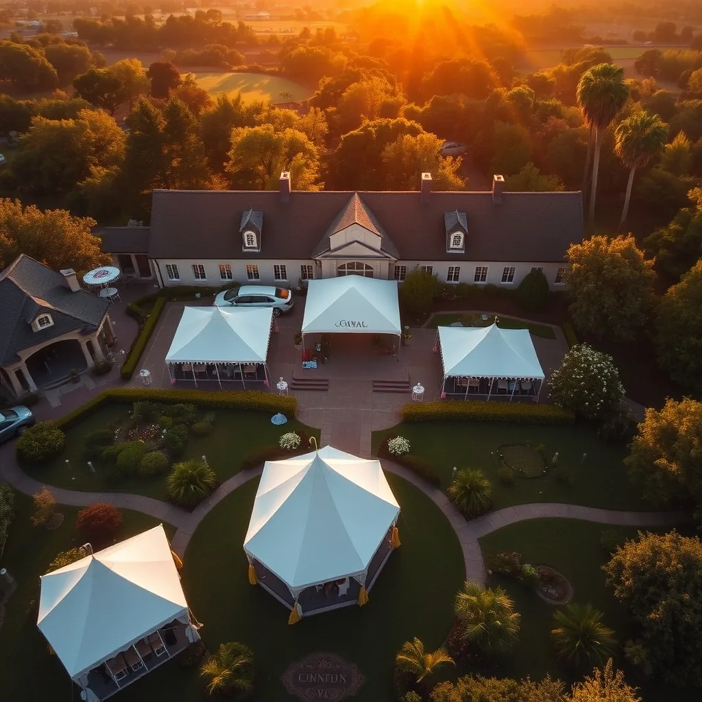 Aerial view of wedding venue gardens at golden hour