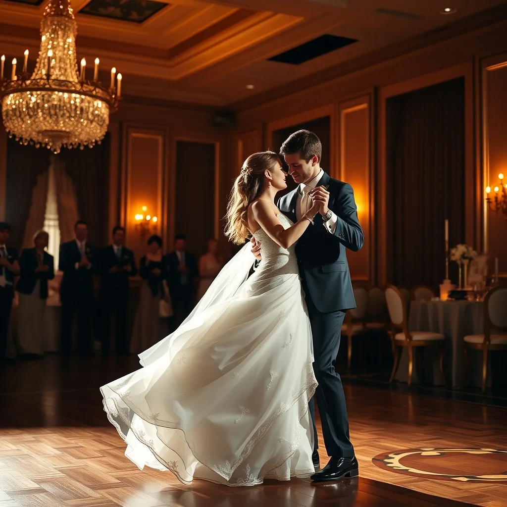 Modern pop first dance songs performed by wedding couple in ballroom